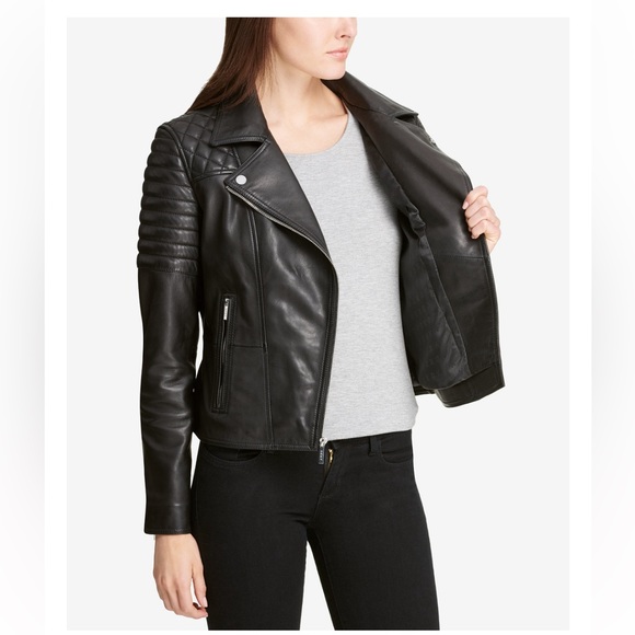 🚫SOLD DKNY Quilted Shoulder Leather Moto Jacket - Women’s black - Picture 1 of 15